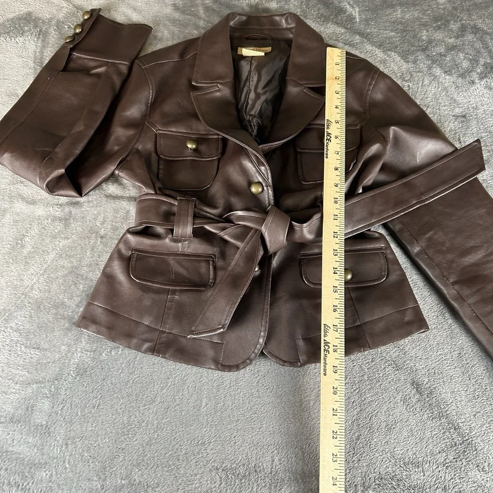 Paris Blues Vintage Faux Leather Jacket Womens Medium Brown Belted Pockets Retro